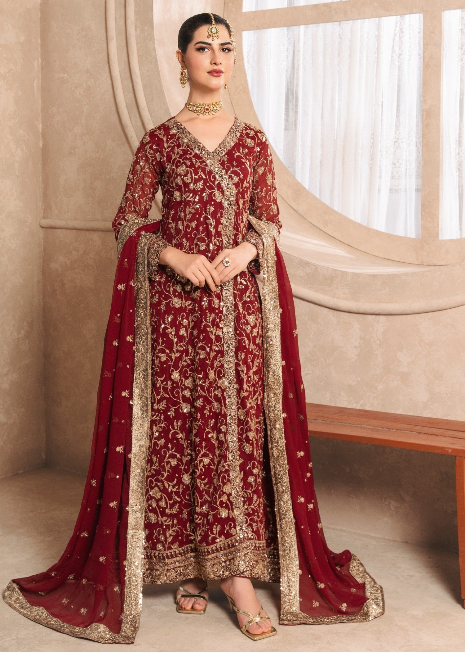 Maroon Embroidered Chiffon Angrakha Dress (3-Piece) - Image 1