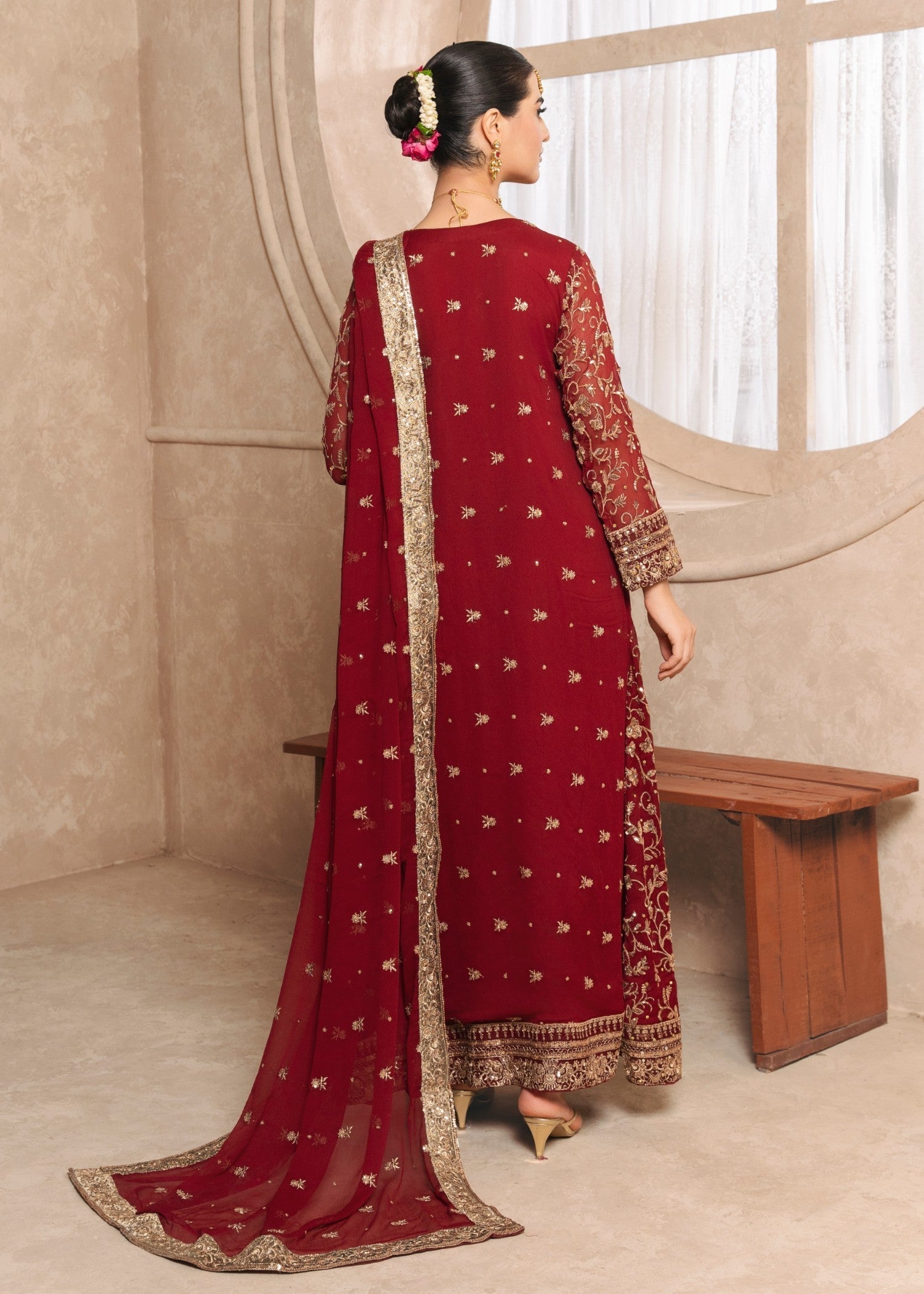 Maroon Embroidered Chiffon Angrakha Dress (3-Piece) - Image 3