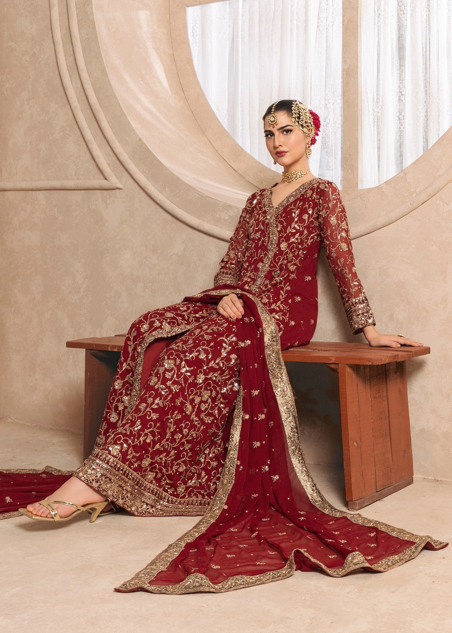 Maroon Embroidered Chiffon Angrakha Dress (3-Piece) - Image 4