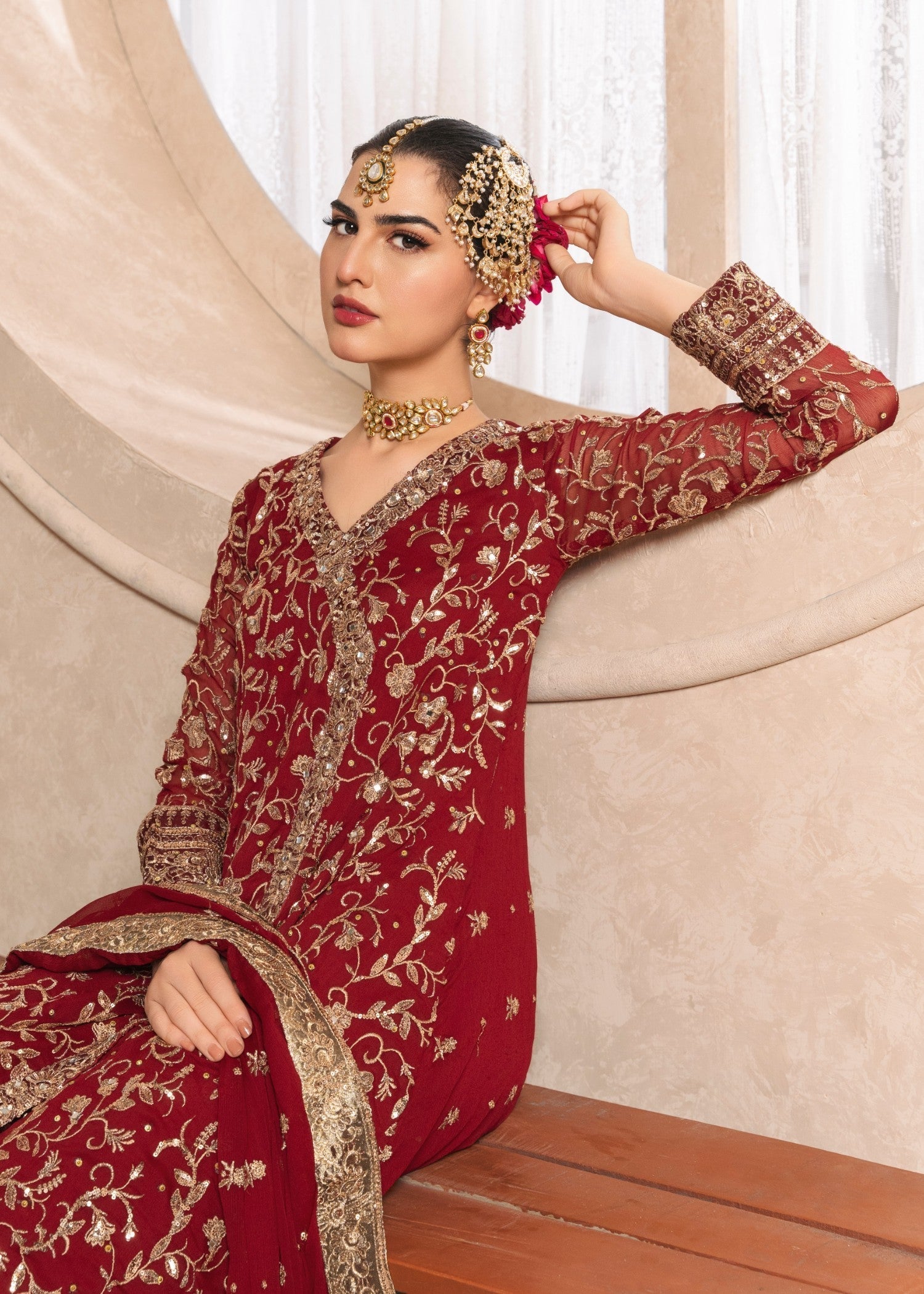 Maroon Embroidered Chiffon Angrakha Dress (3-Piece) - Image 5