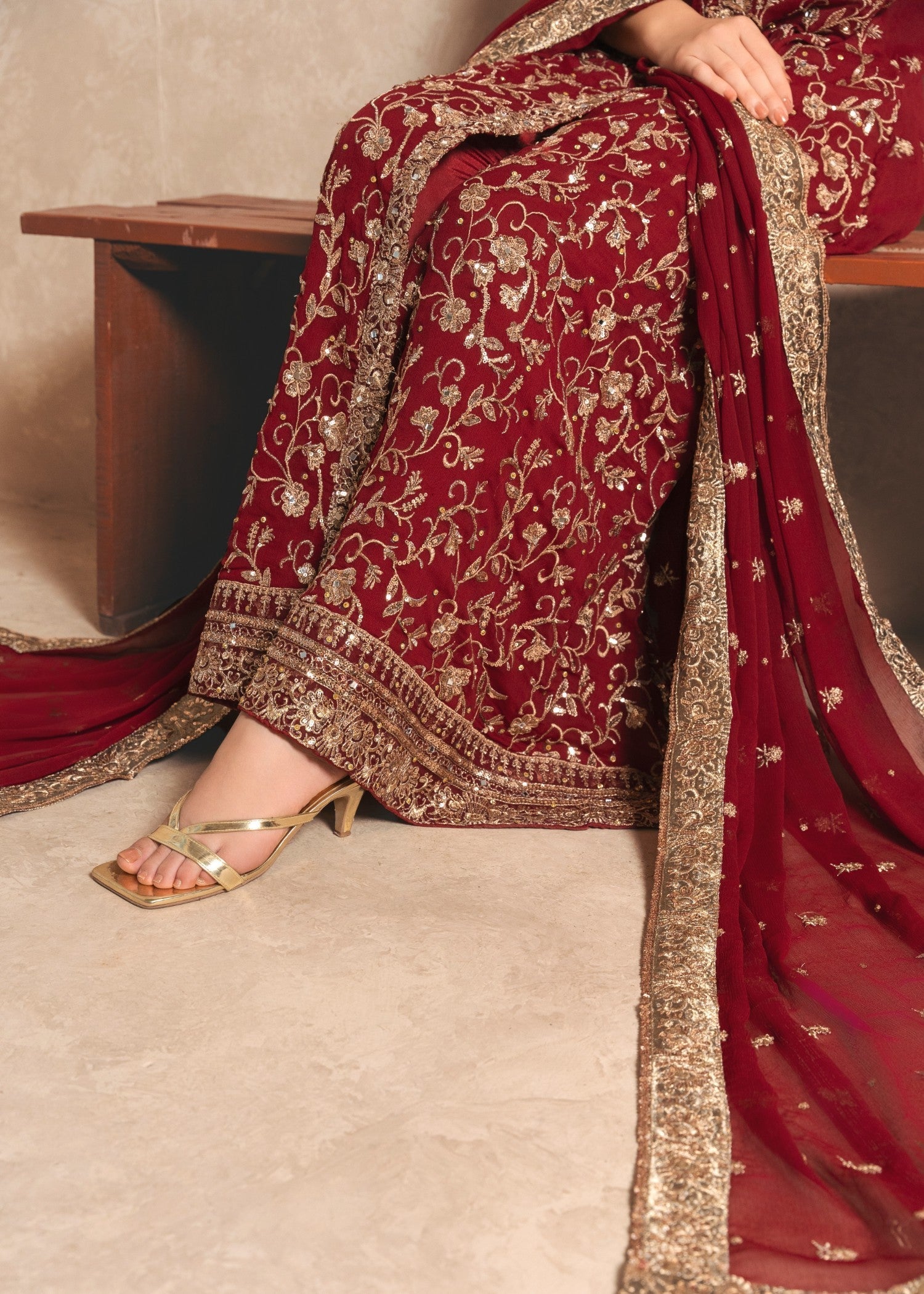 Maroon Embroidered Chiffon Angrakha Dress (3-Piece) - Image 7