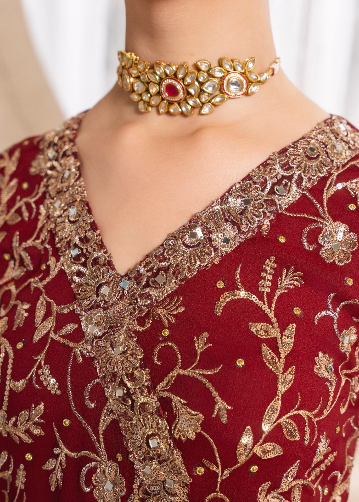 Maroon Embroidered Chiffon Angrakha Dress (3-Piece) - Image 8