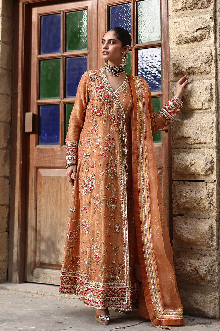 Pakistani Rust Zardozi Cotton Zari Angarkha (3-Piece) - Image 1