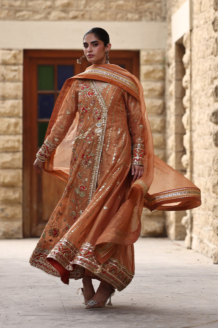 Pakistani Rust Zardozi Cotton Zari Angarkha (3-Piece) - Image 10