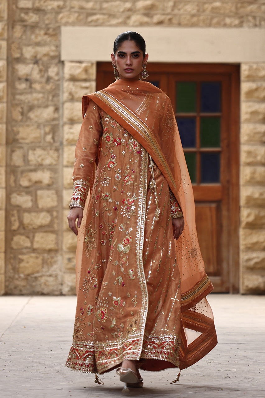 Pakistani Rust Zardozi Cotton Zari Angarkha (3-Piece) - Image 3