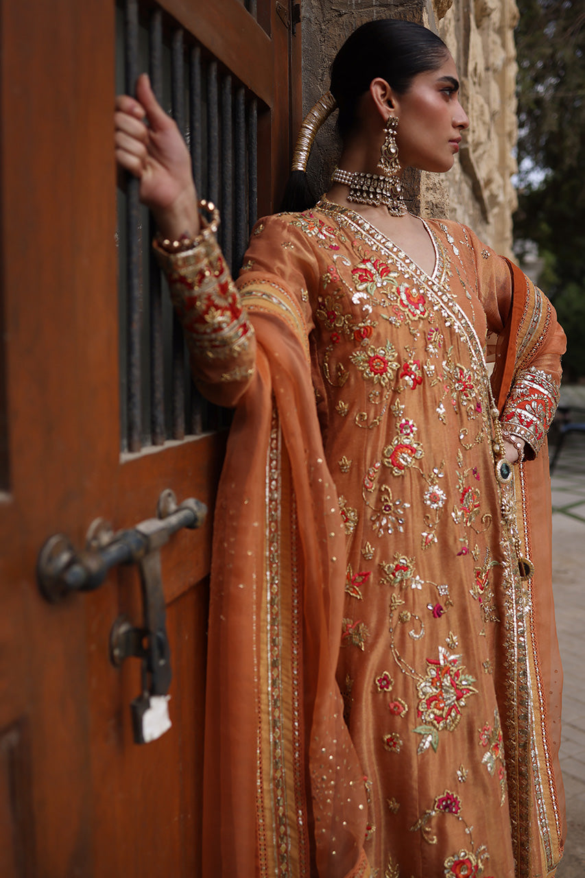 Pakistani Rust Zardozi Cotton Zari Angarkha (3-Piece) - Image 4