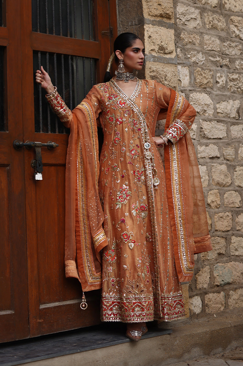 Pakistani Rust Zardozi Cotton Zari Angarkha (3-Piece) - Image 5