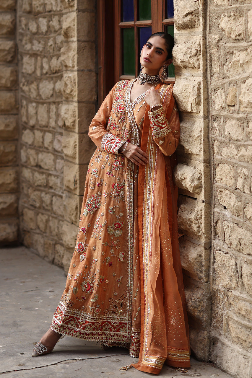 Pakistani Rust Zardozi Cotton Zari Angarkha (3-Piece) - Image 6