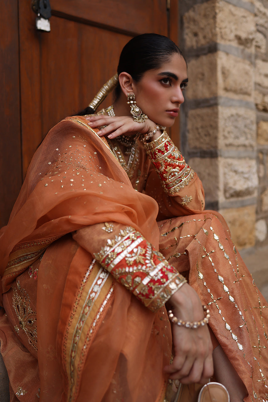Pakistani Rust Zardozi Cotton Zari Angarkha (3-Piece) - Image 7