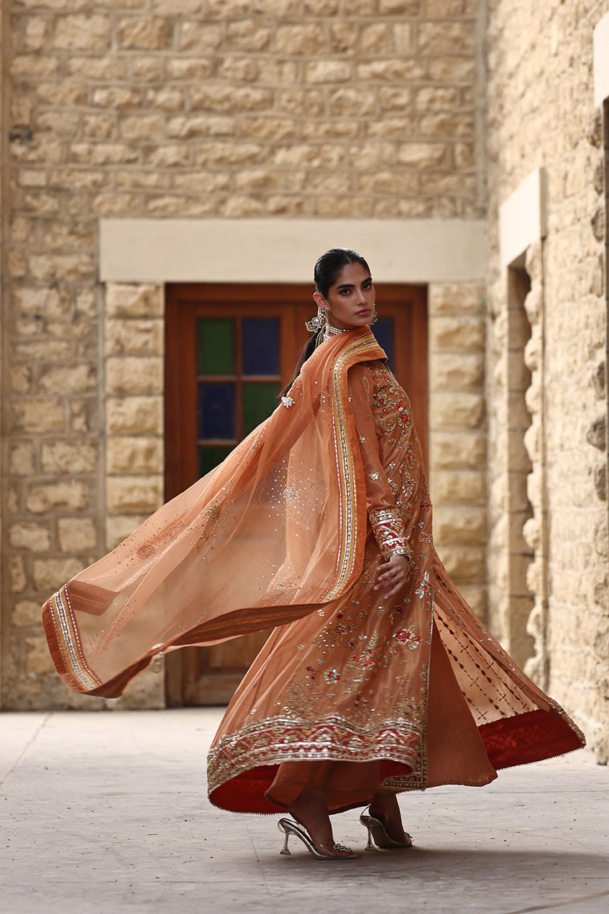 Pakistani Rust Zardozi Cotton Zari Angarkha (3-Piece) - Image 9