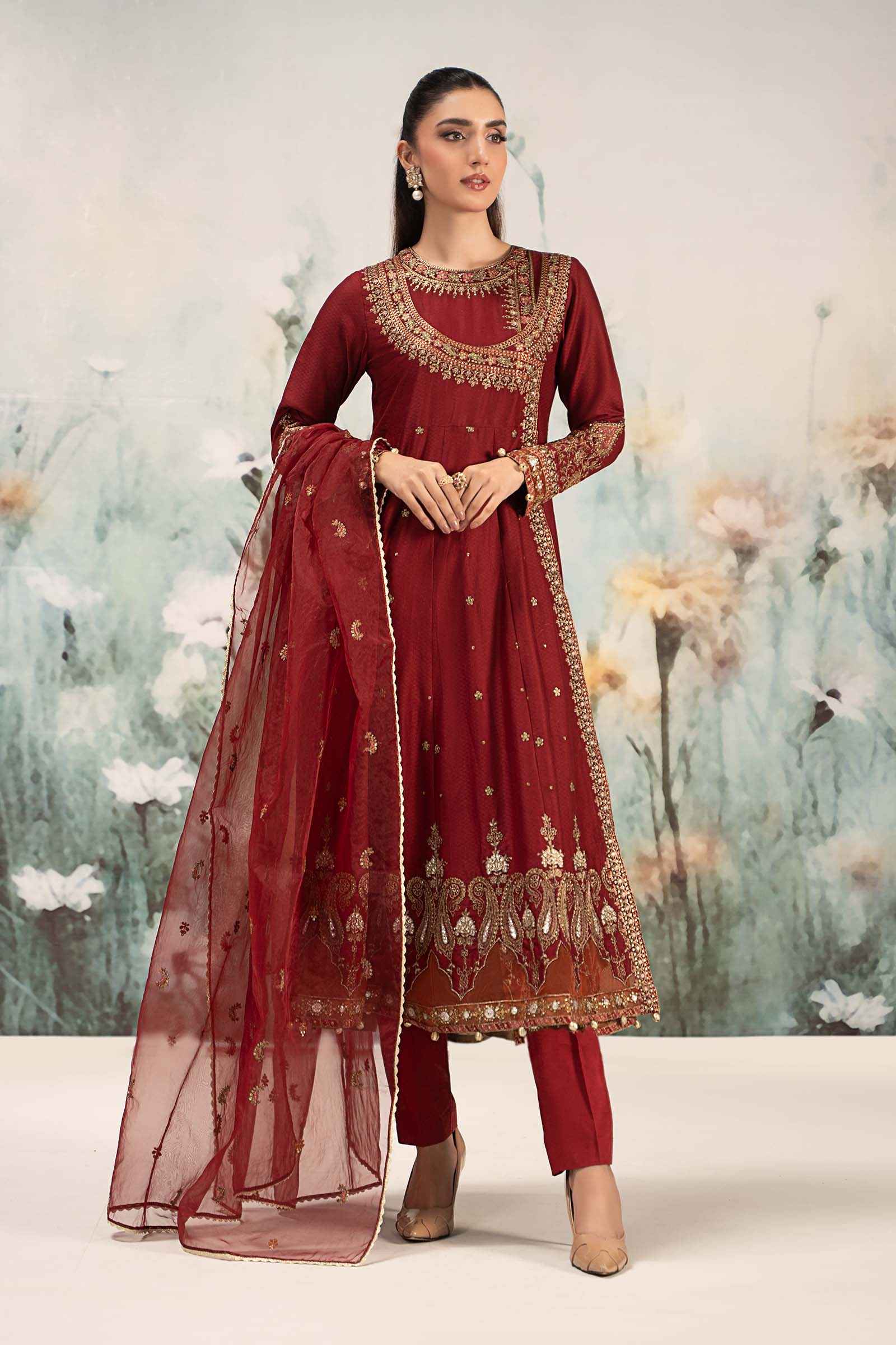 Pakistani Maroon Embroidered Dobby Lawn Angrakha (3-Piece) - Image 1