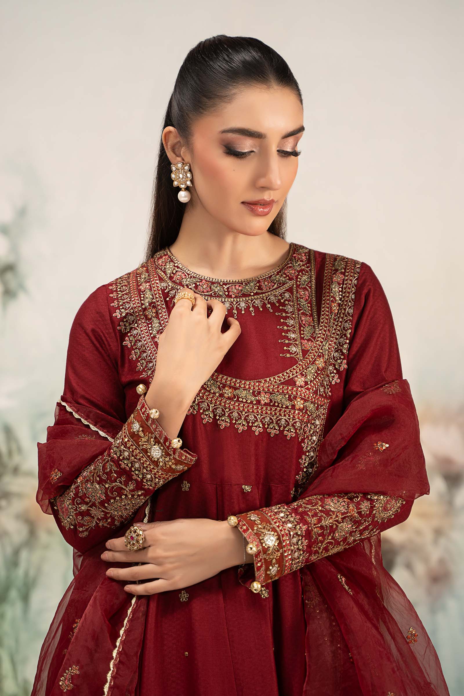 Pakistani Maroon Embroidered Dobby Lawn Angrakha (3-Piece) - Image 2