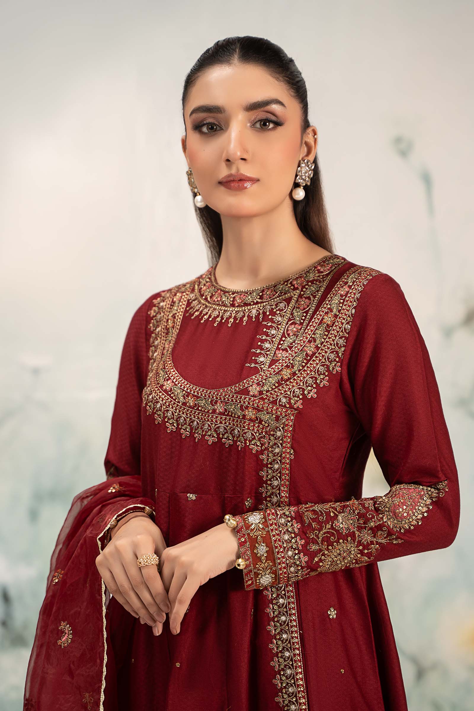 Pakistani Maroon Embroidered Dobby Lawn Angrakha (3-Piece) - Image 3