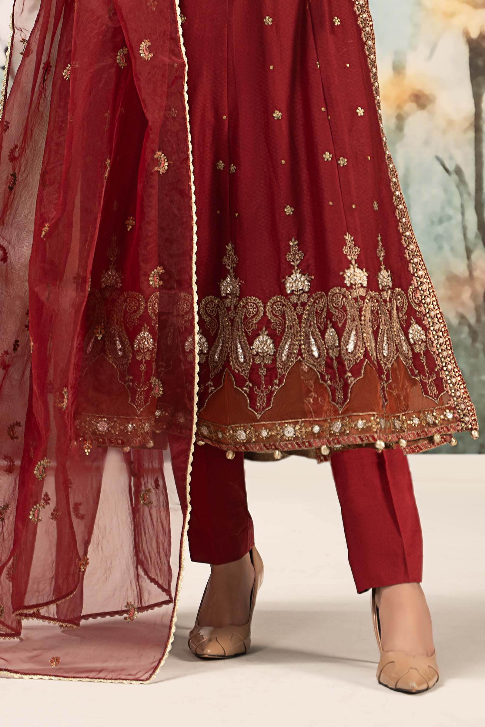 Pakistani Maroon Embroidered Dobby Lawn Angrakha (3-Piece) - Image 4