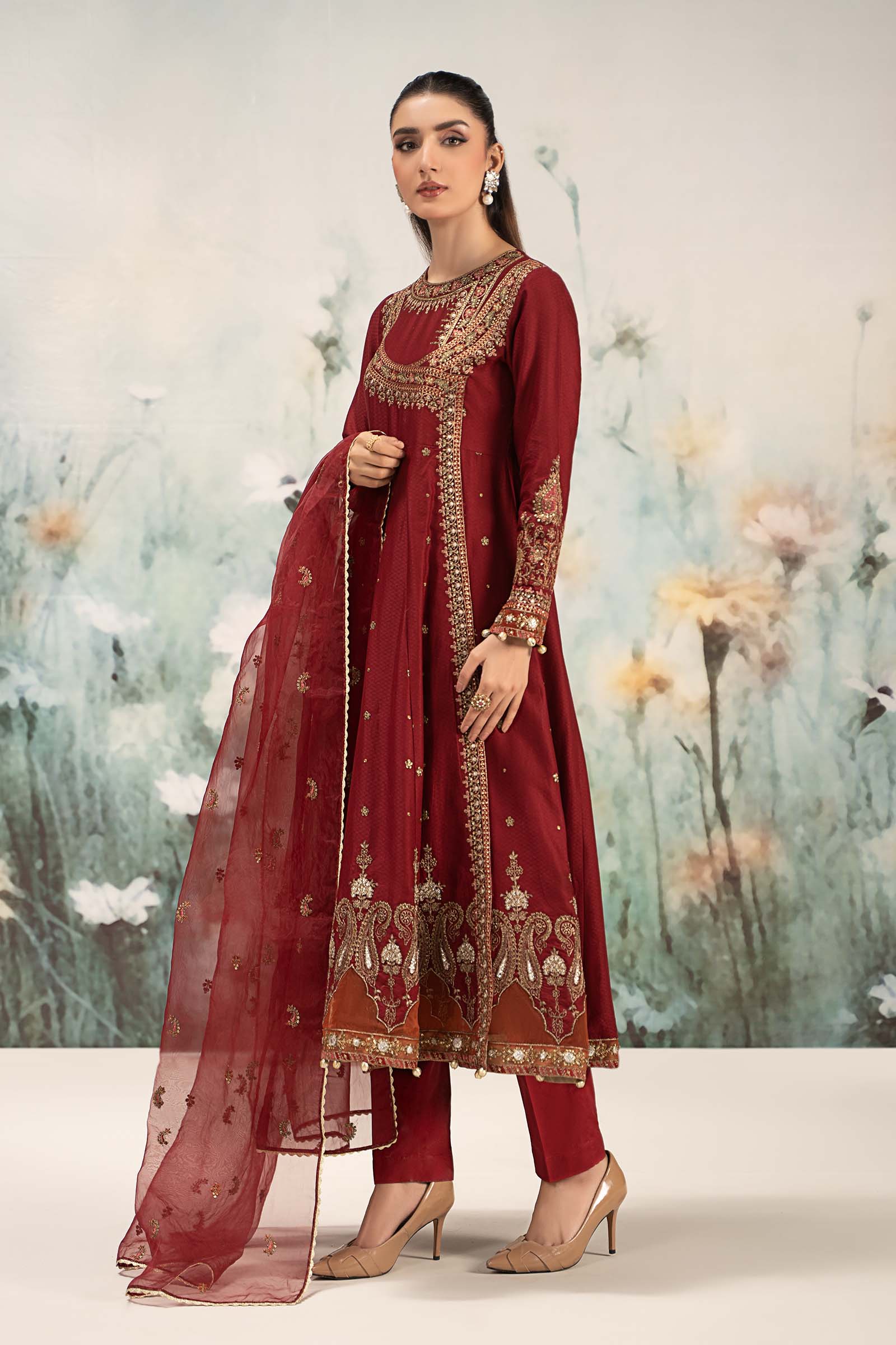 Pakistani Maroon Embroidered Dobby Lawn Angrakha (3-Piece) - Image 5