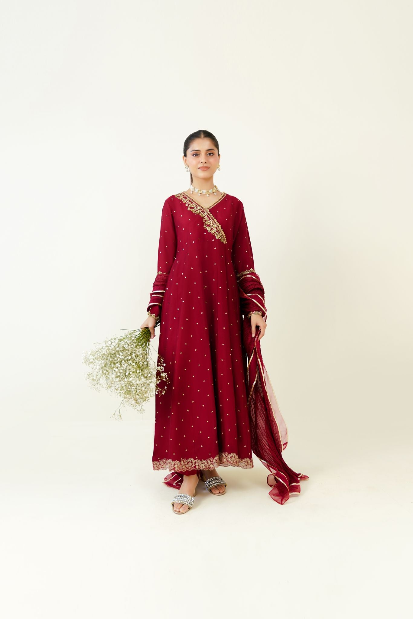 Maroon Hand Embroidered Matte Silk Angrakha (3-Piece) - Image 1