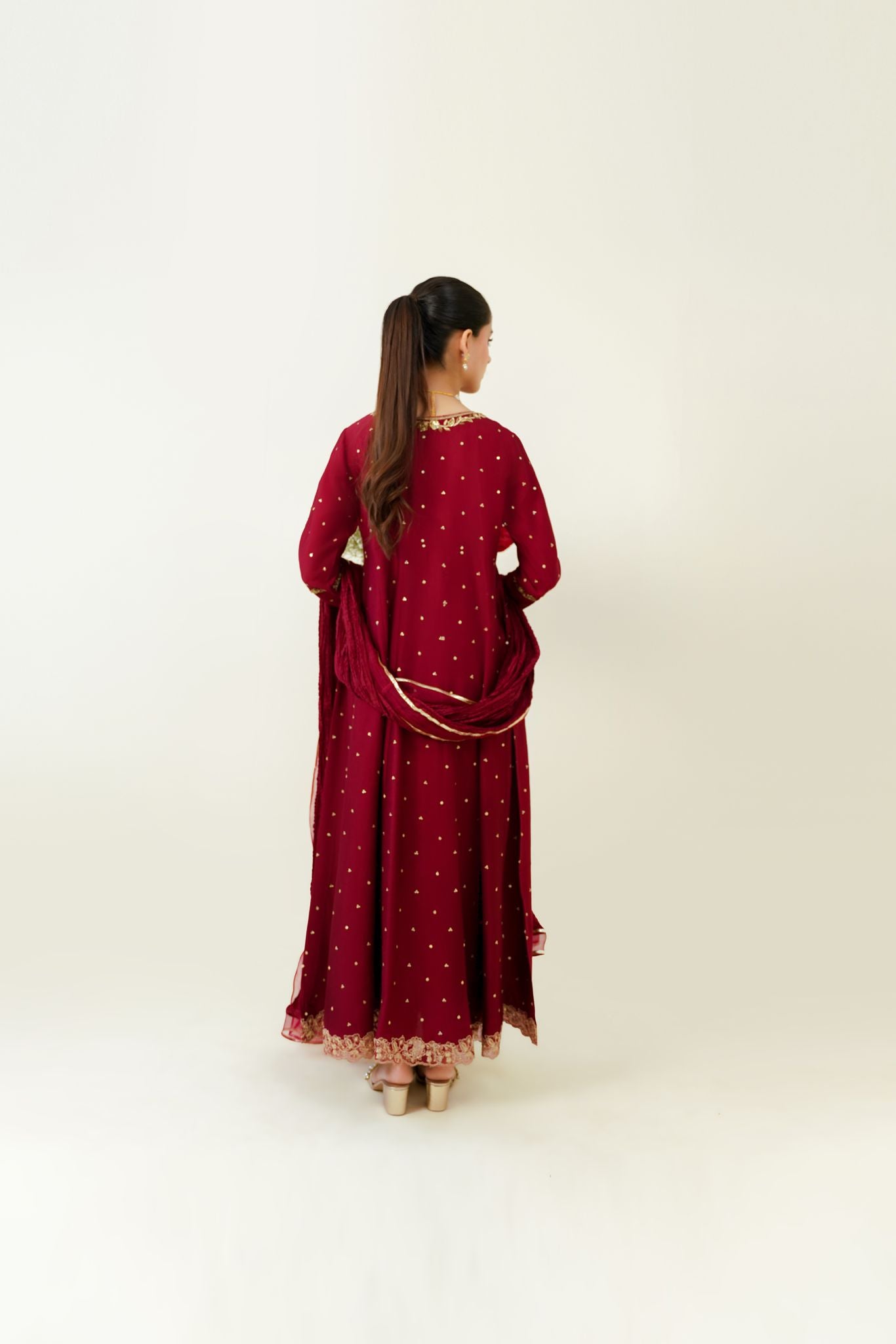 Maroon Hand Embroidered Matte Silk Angrakha (3-Piece) - Image 2