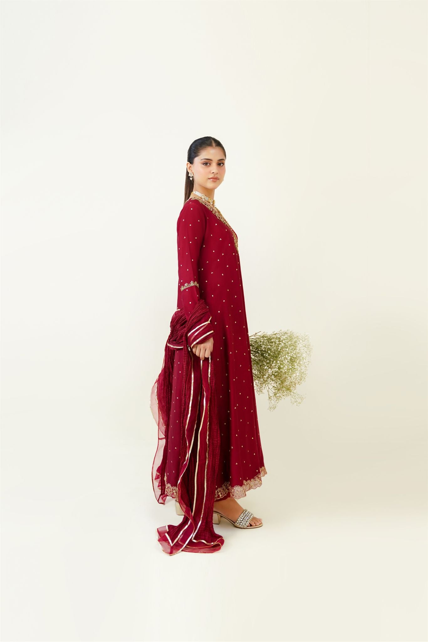 Maroon Hand Embroidered Matte Silk Angrakha (3-Piece) - Image 3