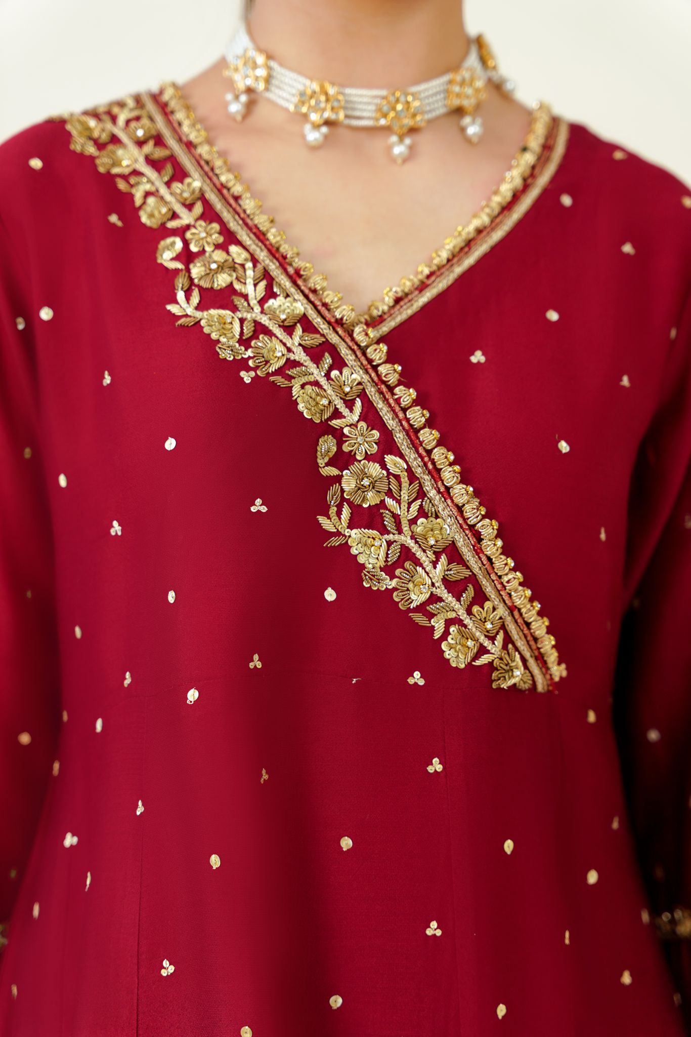 Maroon Hand Embroidered Matte Silk Angrakha (3-Piece) - Image 4