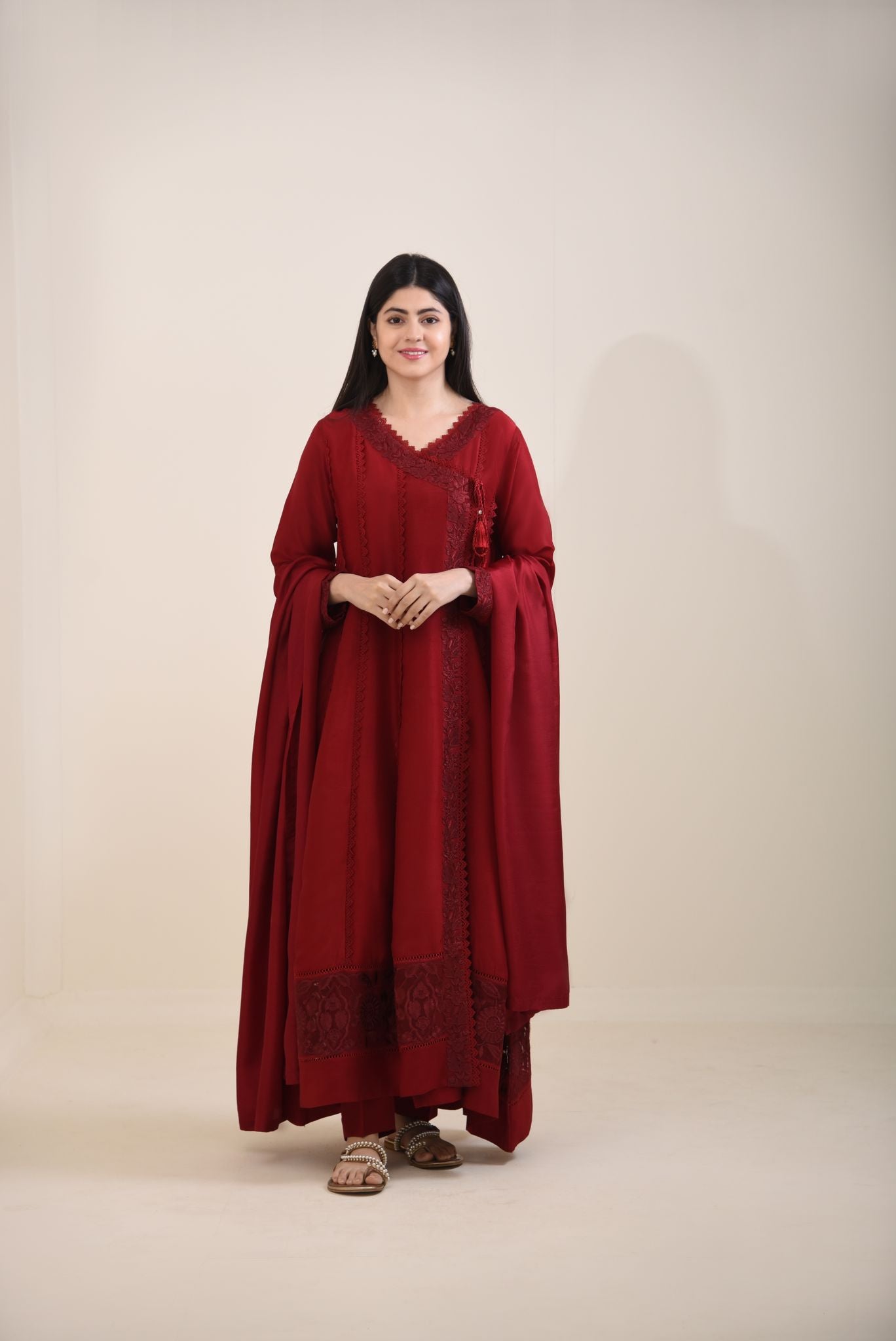 Maroon Embroidered Pure Raw Silk Angrakha (3-Piece) - Image 1