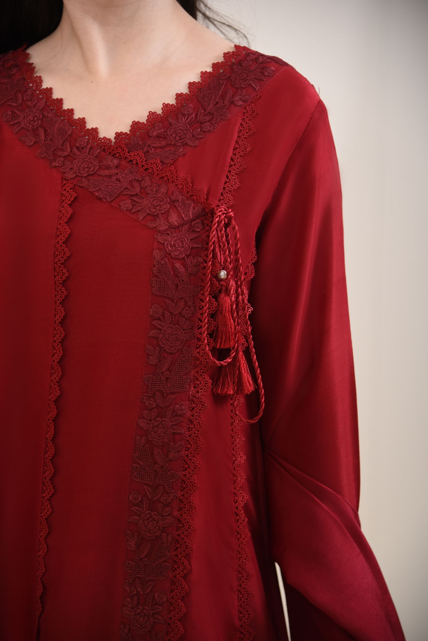 Maroon Embroidered Pure Raw Silk Angrakha (3-Piece) - Image 4