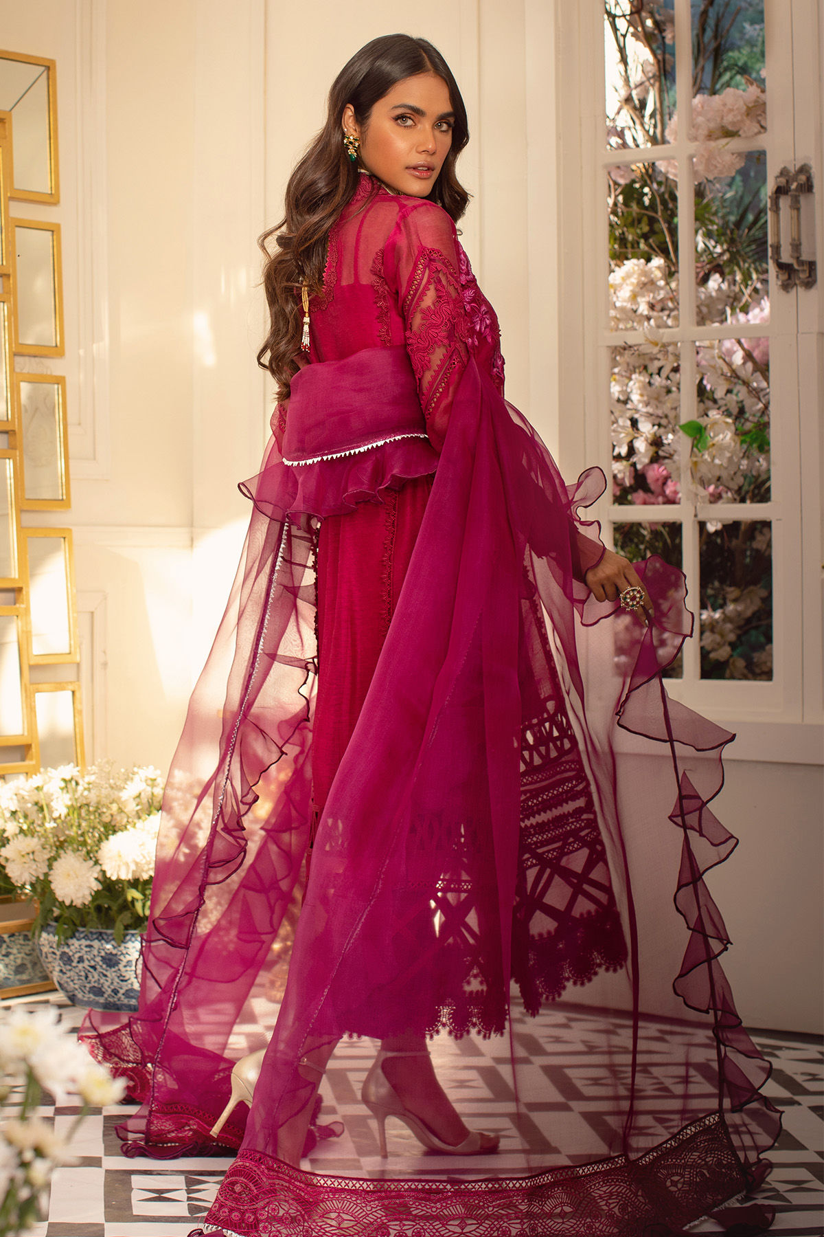 Cranberry Embroidered Pure Silk Net Angharka (3-Piece) - Image 3