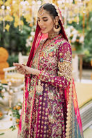 Pakistani Deep Cranberry Zardozi Silk Net Angharka (3-Piece) - Image 3