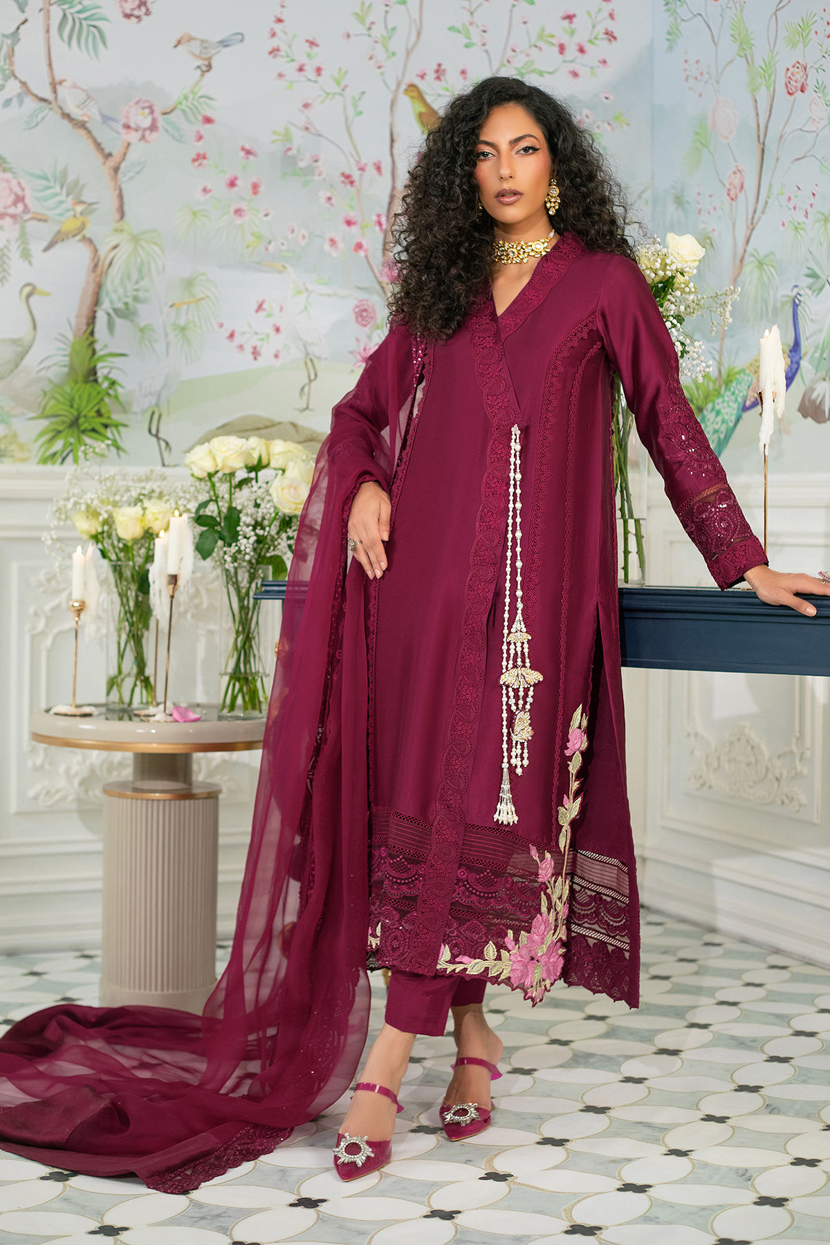 Pakistani Deep Oxblood Zardozi Pure Silk Angharka (3-Piece) - Image 1