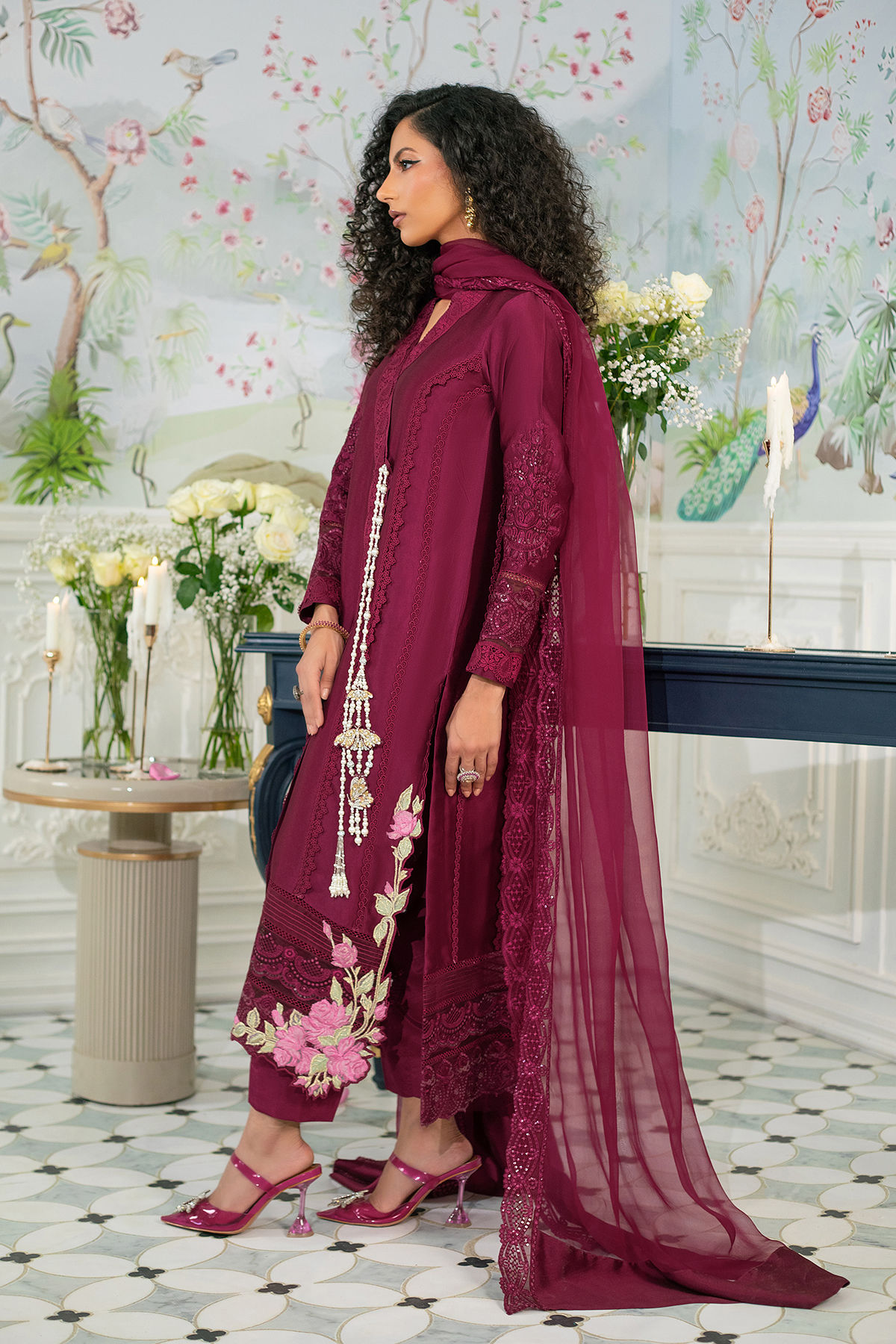 Pakistani Deep Oxblood Zardozi Pure Silk Angharka (3-Piece) - Image 3