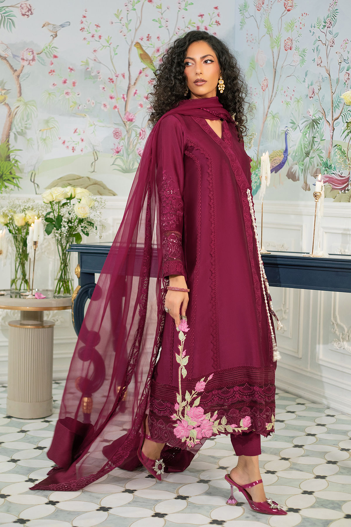 Pakistani Deep Oxblood Zardozi Pure Silk Angharka (3-Piece) - Image 4