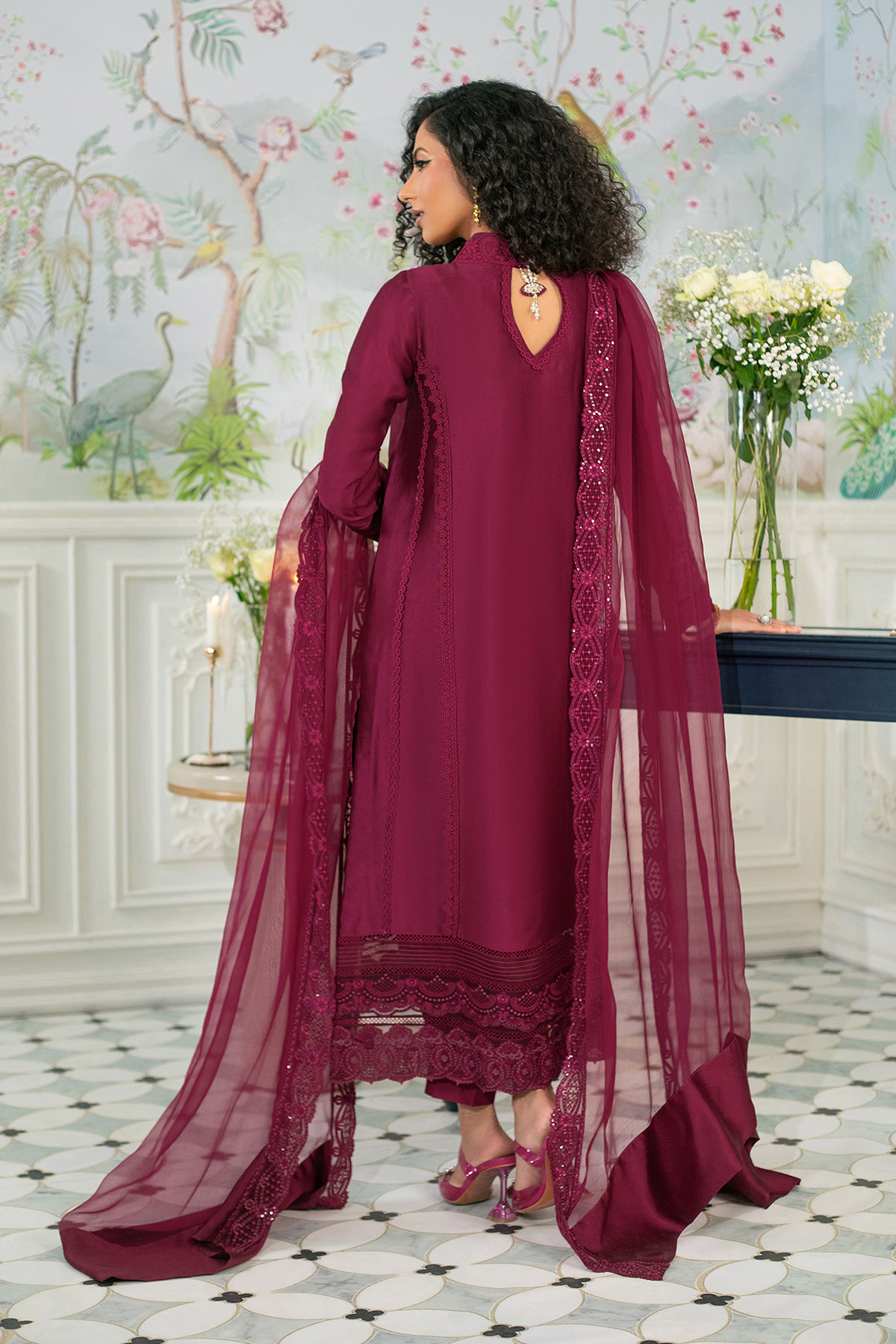 Pakistani Deep Oxblood Zardozi Pure Silk Angharka (3-Piece) - Image 5