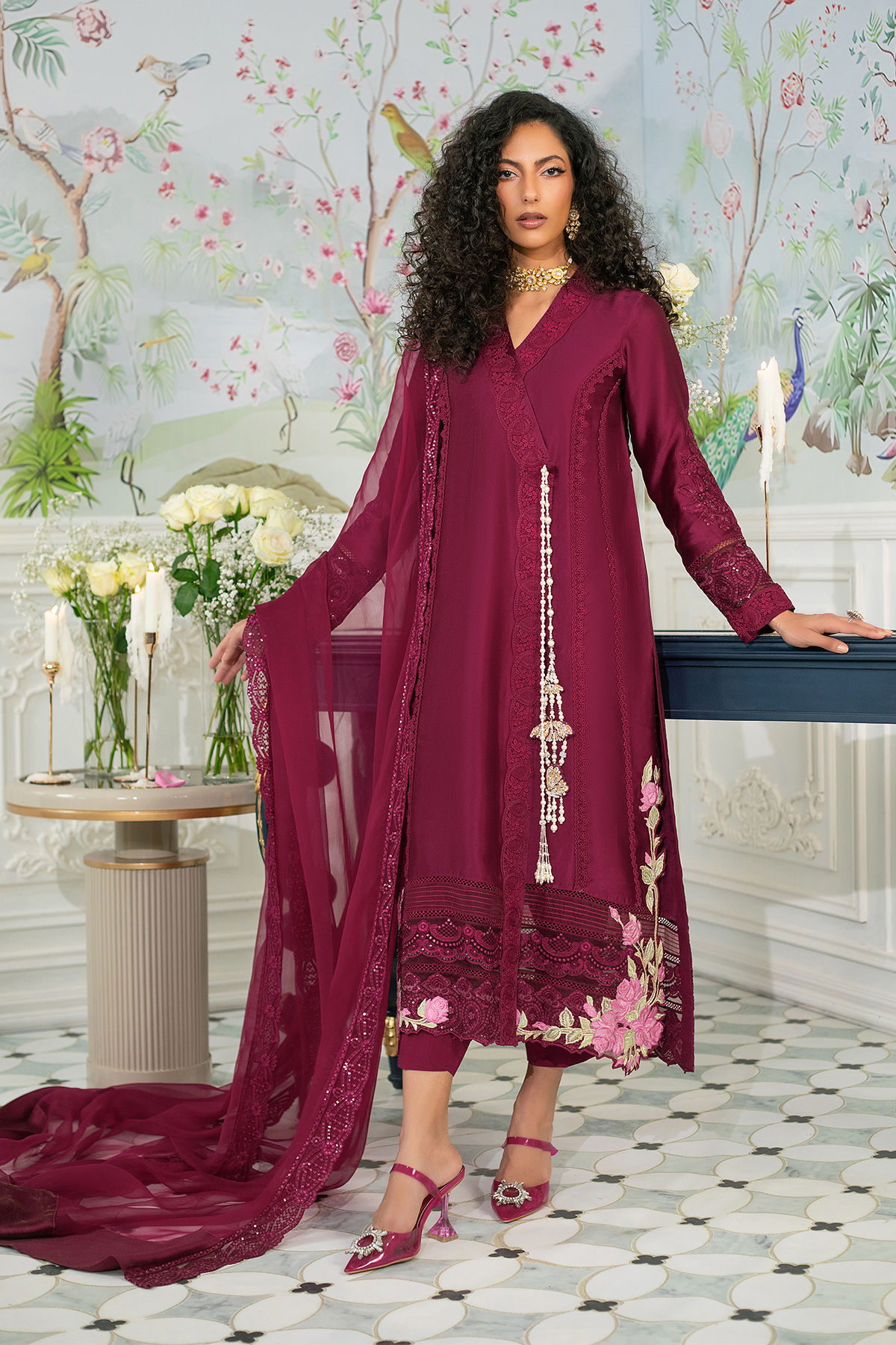 Pakistani Deep Oxblood Zardozi Pure Silk Angharka (3-Piece) - Image 6