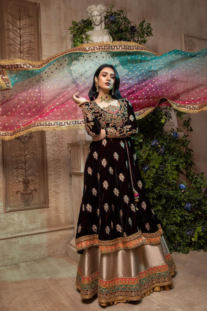 Pakistani Deep Maroon Embellished Velvet Angrakha Peshwas (3-Piece) - Image 1