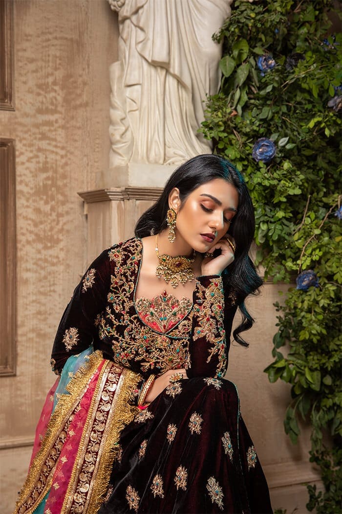 Pakistani Deep Maroon Embellished Velvet Angrakha Peshwas (3-Piece) - Image 2