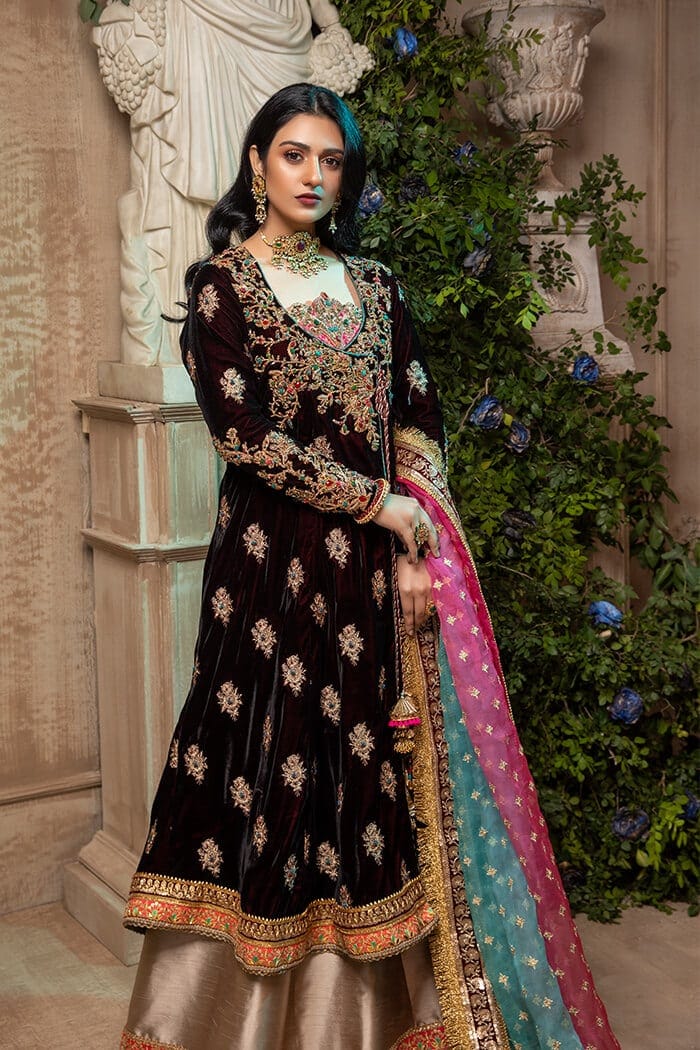 Pakistani Deep Maroon Embellished Velvet Angrakha Peshwas (3-Piece) - Image 3