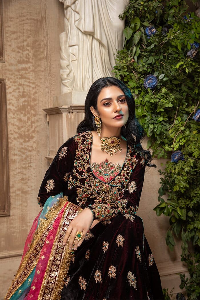 Pakistani Deep Maroon Embellished Velvet Angrakha Peshwas (3-Piece) - Image 4