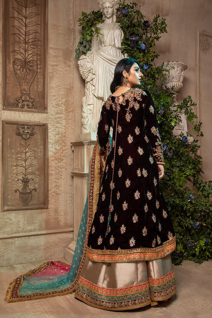 Pakistani Deep Maroon Embellished Velvet Angrakha Peshwas (3-Piece) - Image 5