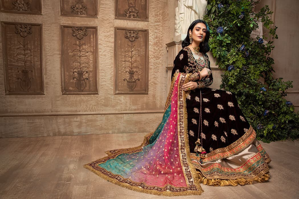 Pakistani Deep Maroon Embellished Velvet Angrakha Peshwas (3-Piece) - Image 6