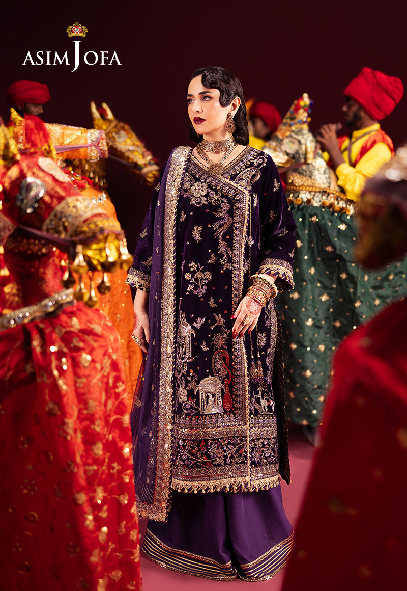 Pakistani Maroon Embroidered Velvet Angrakha Dress (3-Piece) - Image 1