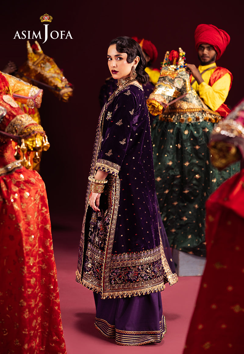 Pakistani Maroon Embroidered Velvet Angrakha Dress (3-Piece) - Image 3