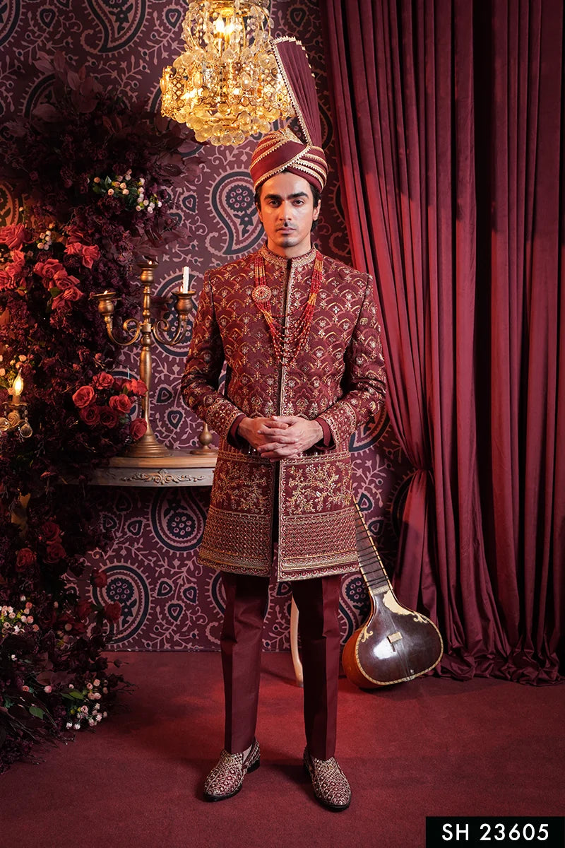 Maroon Embroidered Baar Silk Sherwani (3-Piece) - Image 1