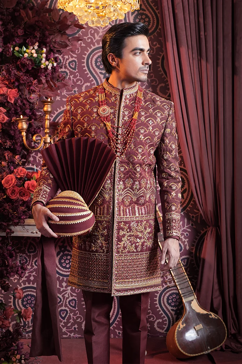 Maroon Embroidered Baar Silk Sherwani (3-Piece) - Image 2