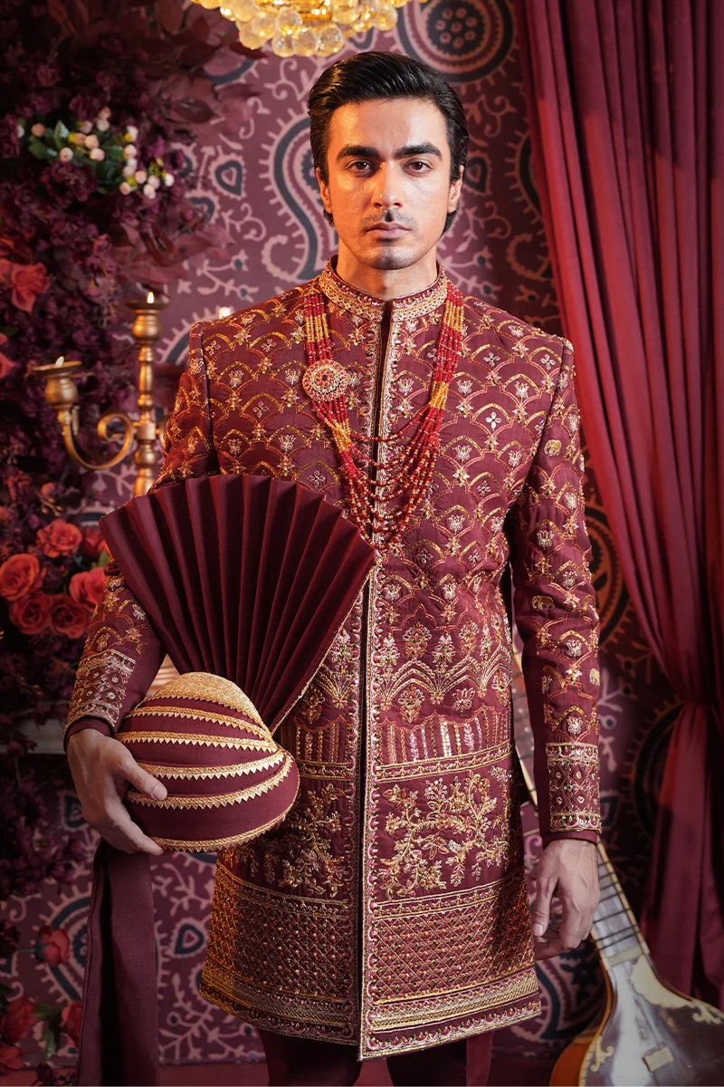 Maroon Embroidered Baar Silk Sherwani (3-Piece) - Image 3