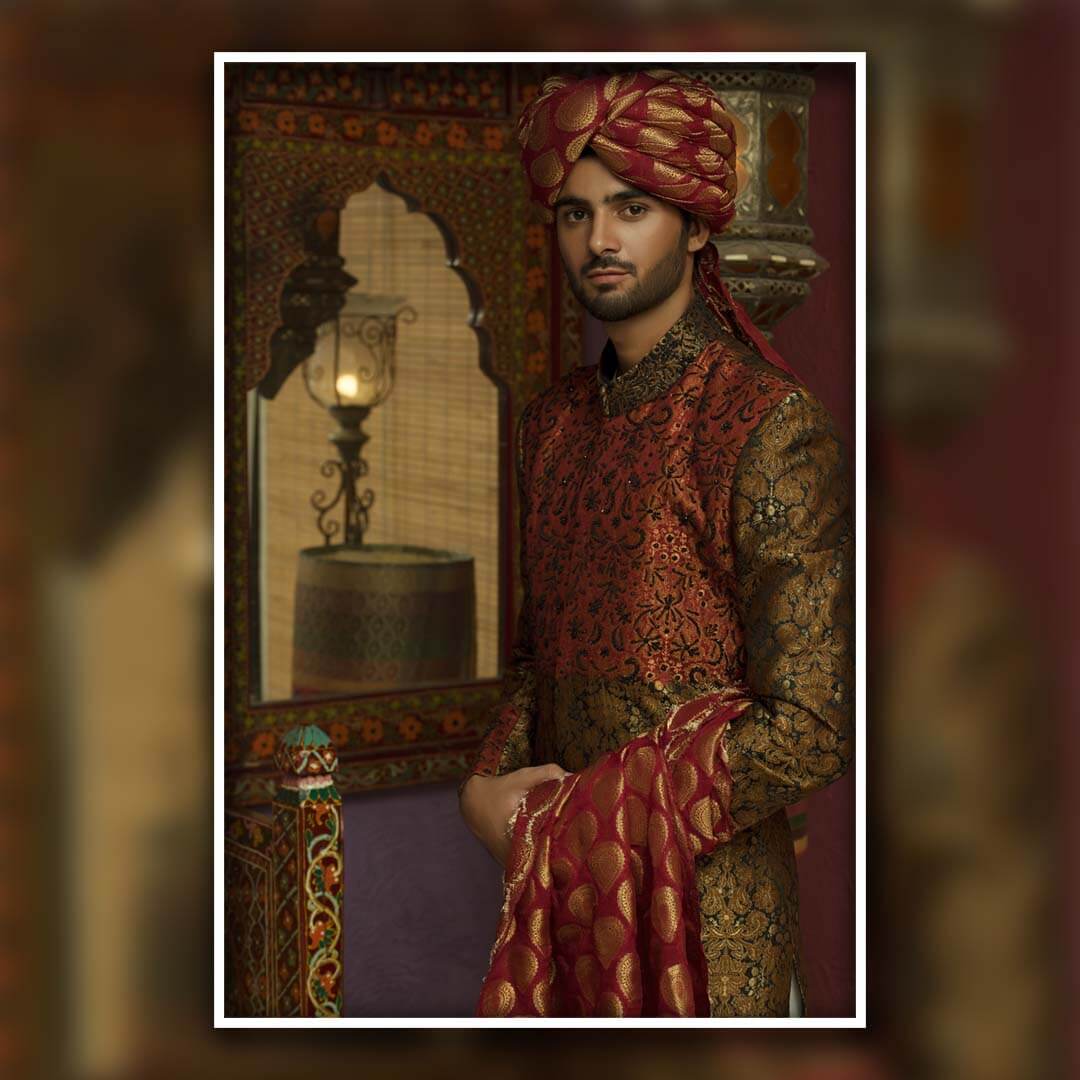 Deep Maroon Embroidered Brocade Sherwani (4-Piece) - Image 1