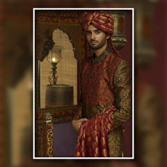 Deep Maroon Embroidered Brocade Sherwani (4-Piece) - Image 2