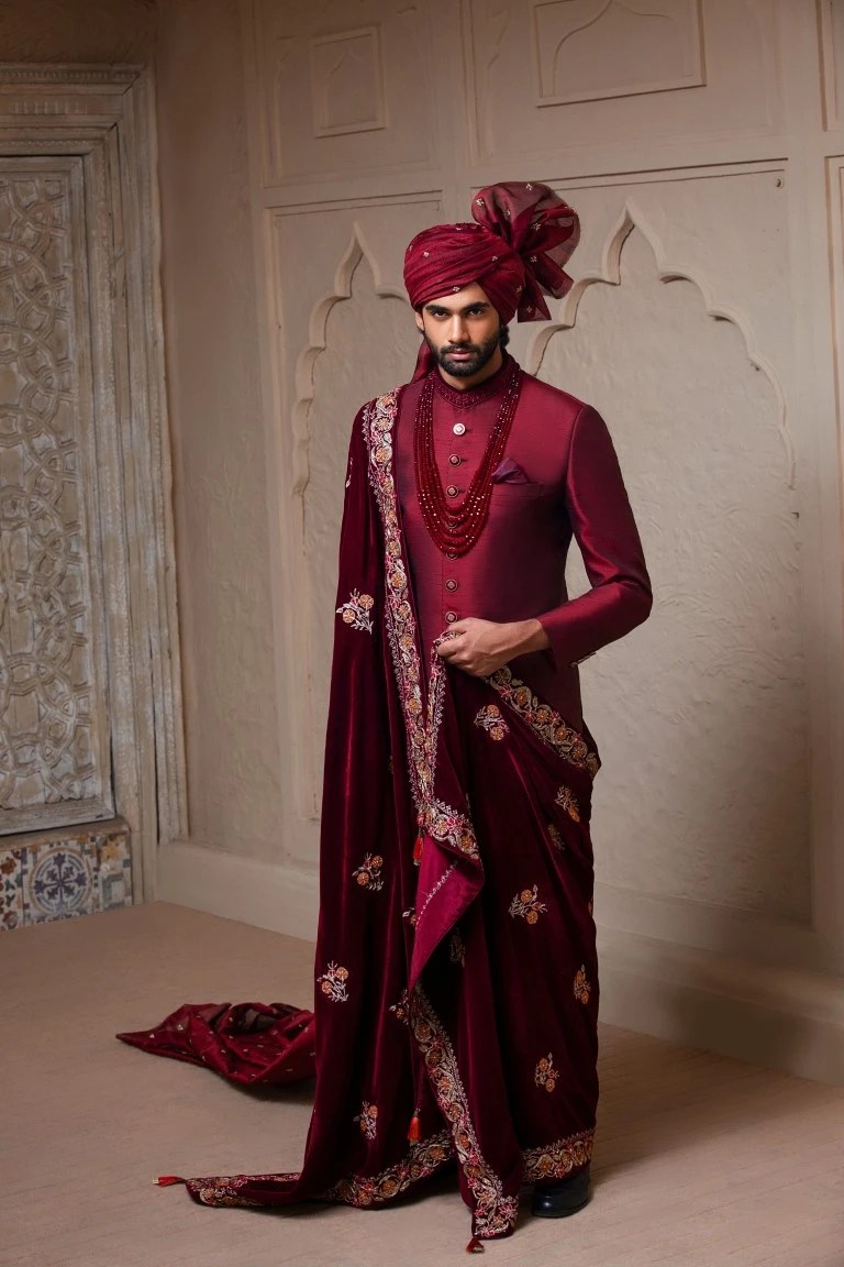 Deep Maroon Embroidered Raw Silk Sherwani (3-Piece) - Image 1