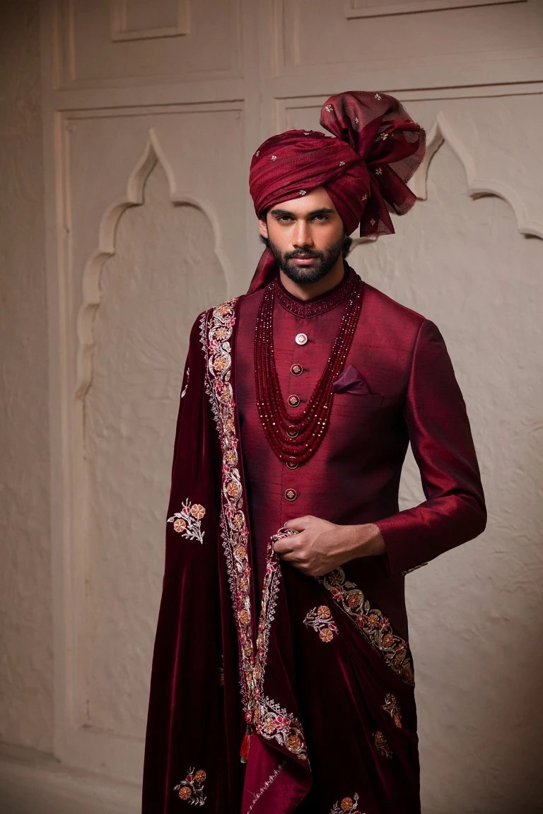 Deep Maroon Embroidered Raw Silk Sherwani (3-Piece) - Image 2