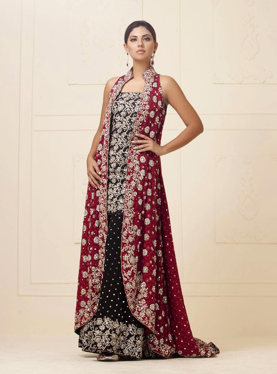 Maroon Embroidered Maysuri Chiffon Cape Dress (3-Piece) - Image 1