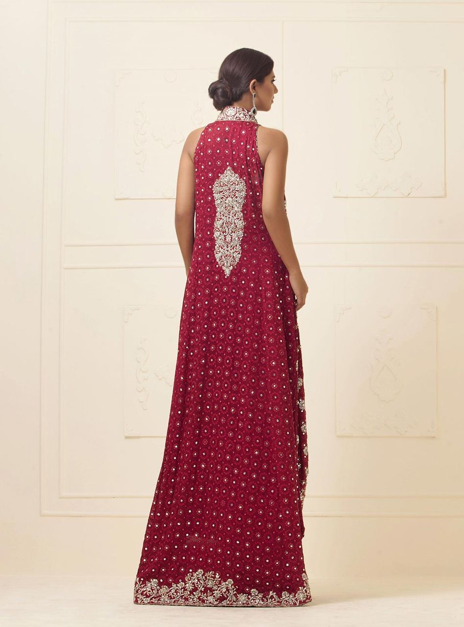 Maroon Embroidered Maysuri Chiffon Cape Dress (3-Piece) - Image 3