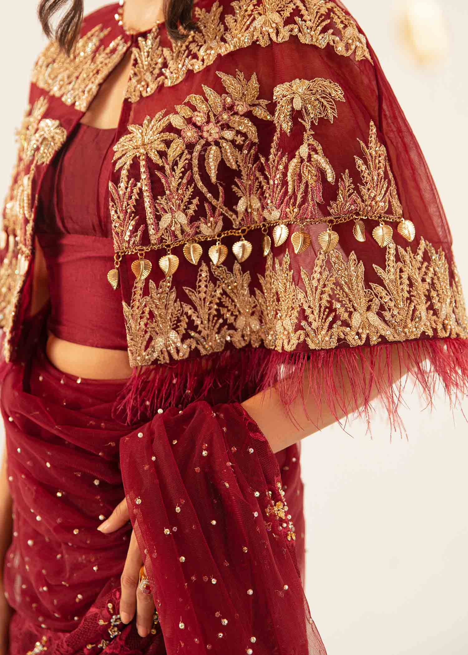 Burnt Maroon Embellished Velvet & Tissue Cape Dress (3-Piece) - Image 2